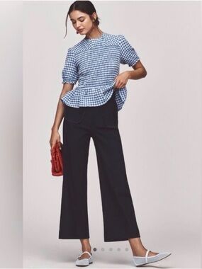 Maeve Blue and White Gingham Smocked Peplum Top